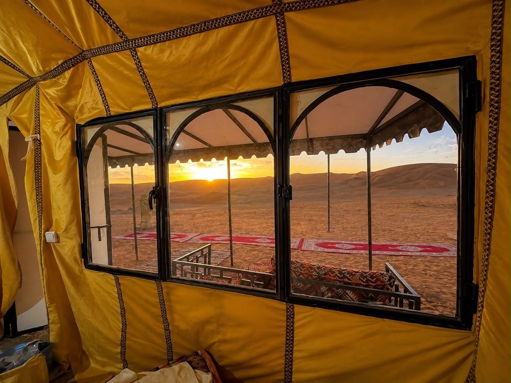 View of the dunes from a tent of the desert camp